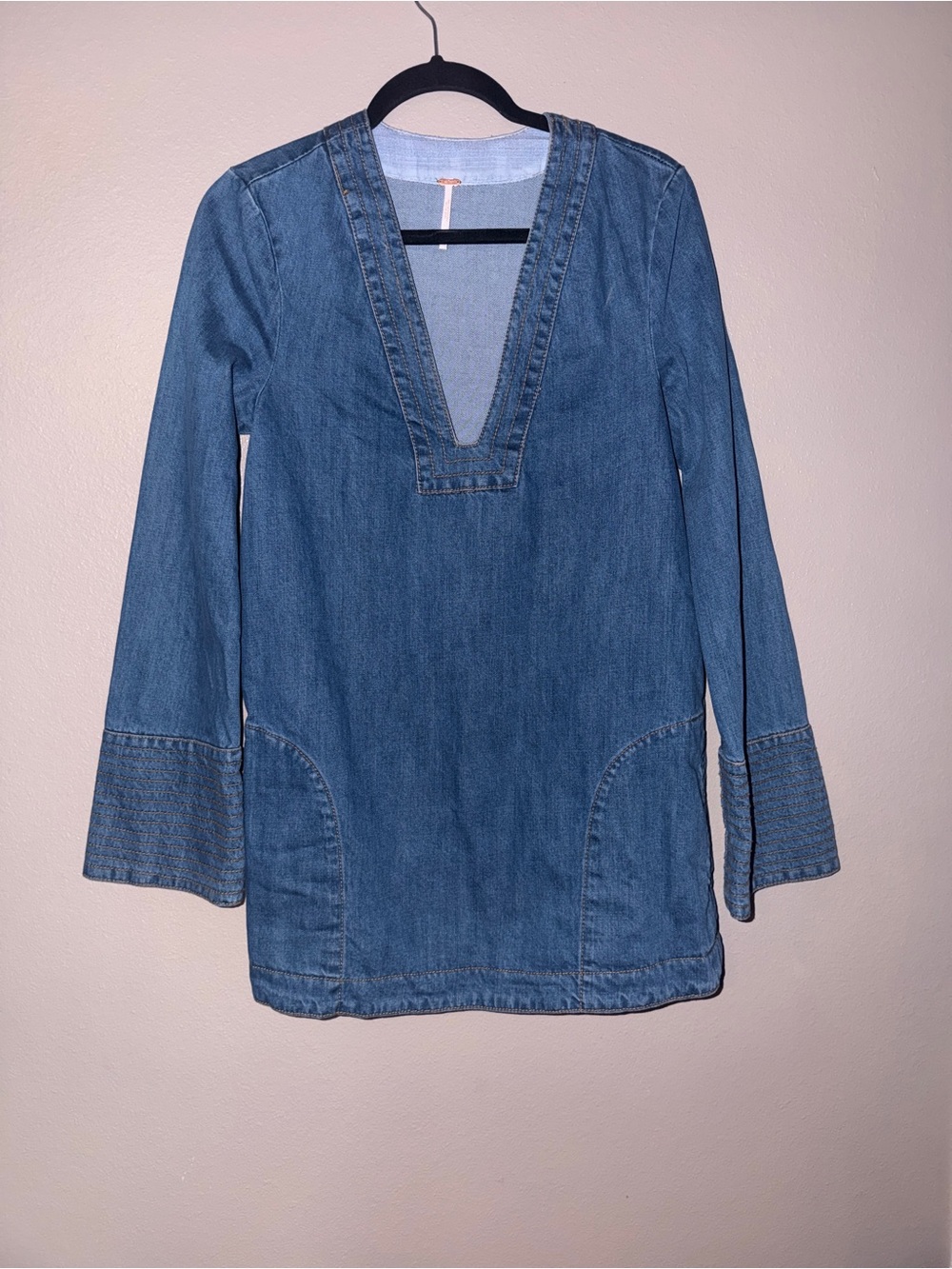 Free People Medium Blue Denim Deep V Tunic